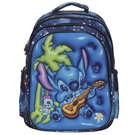 Mochila Infantil Stitch Costas Tam G 3d Resistente Cor Azul