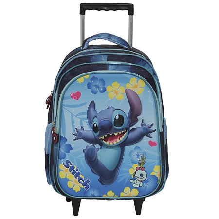 Mochila Infantil Escolar Com Rodinhas Stitch 3d Cor Azul