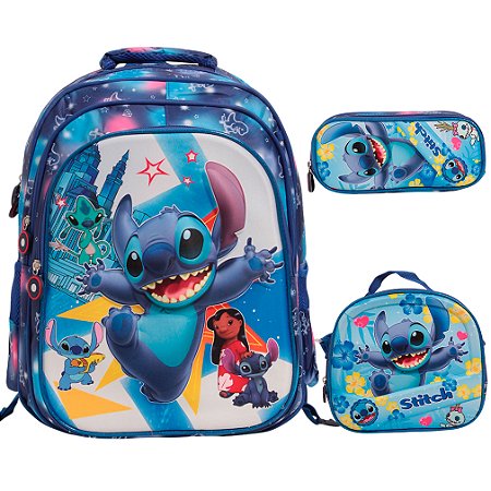 Kit Mochila Infantil Costas Stitch 3d Lancheira Estojo