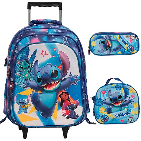 Kit Mochila Rodinha Lancheira Estojo Infantil Stitch 3d