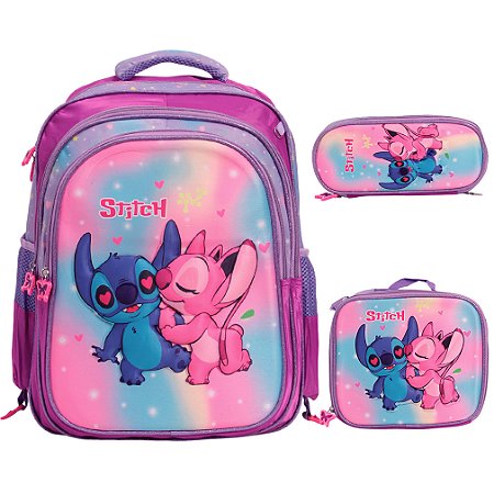 Kit Mochila Infantil Stitch Costas Estojo Lancheira Grande