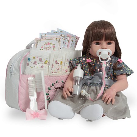 Boneca Bebe Reborn Realista Corpo De Silicone Vestido Cinza