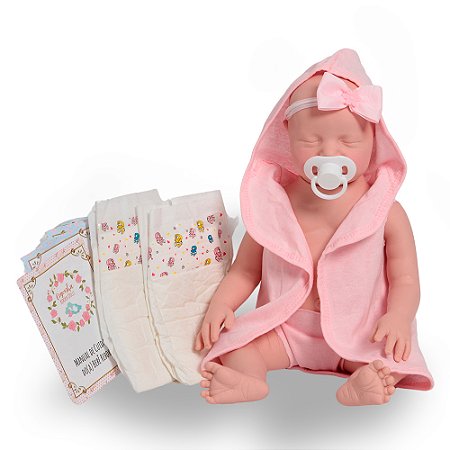 Boneca Bebe Reborn Realista Menina Saída De Banho Rosa 42cm