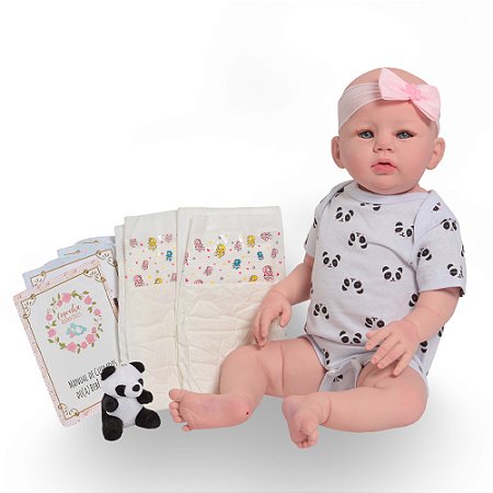 Boneca Bebe Reborn Realista Panda Pelúcia Corpo De Silicone