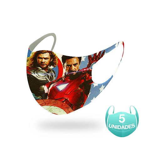 5 Máscaras Lavável Infantil Marvel Vingadores Neoprene Azul