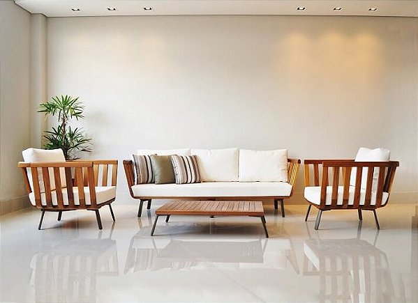 Conjunto de Sofá 3 lugares e 2 Poltronas em madeira Palermo
