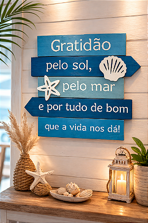 Placa Decorativa Náutica Azul Gratidão Decoração de Parede em madeira
