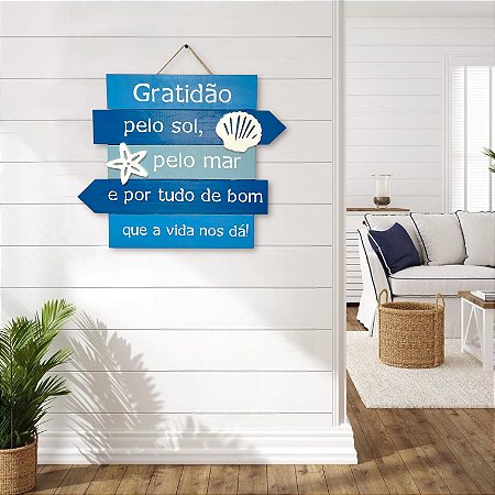 Placa Decorativa Náutica Azul Gratidão Decoração de Parede em madeira