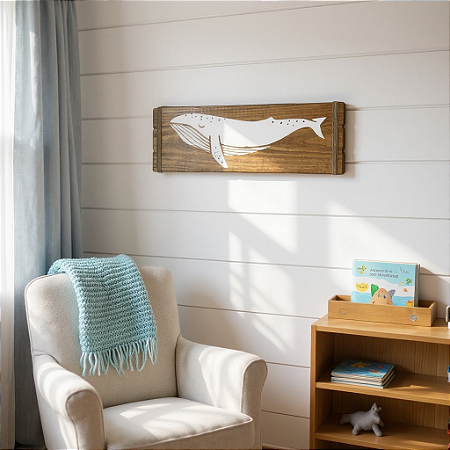 Quadro Marrom Decorativo Baleia Jubarte em madeira Decoração Náutica Praia