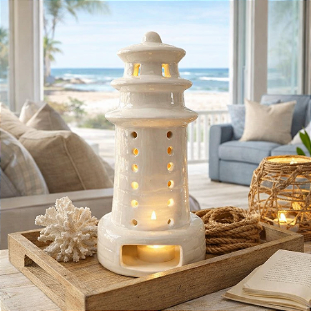 Farol Porta Velas Decorativo Branco Grande em Cerâmica