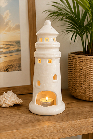 Farol Porta Velas Decorativo Branco Médio em Cerâmica