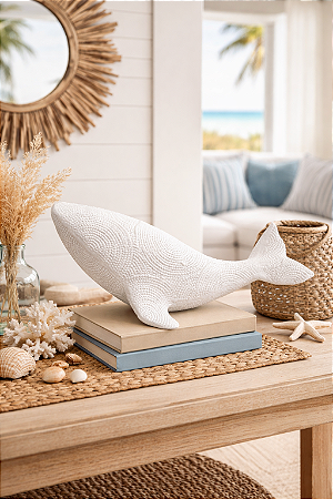 Enfeite Decorativo Baleia Texturizada Branca Grande em Cerâmica