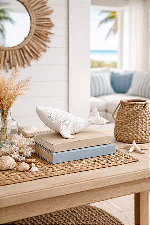 Enfeite Decorativo Baleia Texturizada Branca Média em Cerâmica