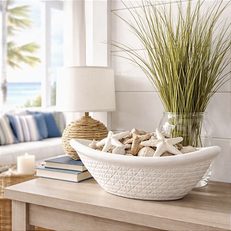 Vaso Decorativo Canoa Branco em Cerâmica