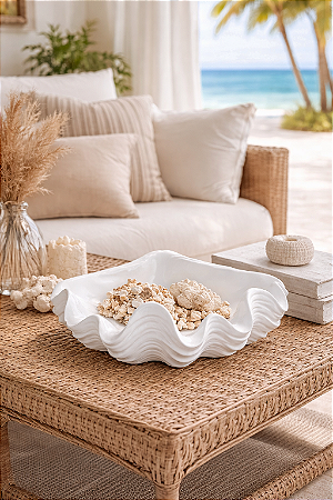 Centro de Mesa Concha Branca em Cerâmica Fruteira Vaso