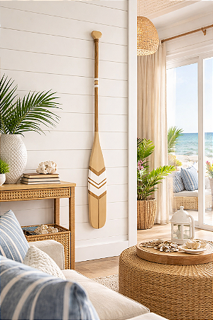 Remo Decorativo Bege e Branco 130 cm Decoração de Parede em madeira para Casa de Praia e Náutica