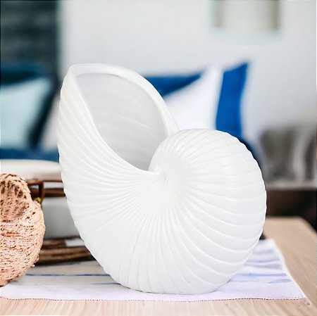 Vaso Decorativo Concha Nautilus Branca em Cerâmica