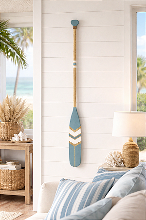 Remo Decorativo Azul Pastel com Branco 130 cm Decoração de Parede em madeira para Casa de Praia e Náutica