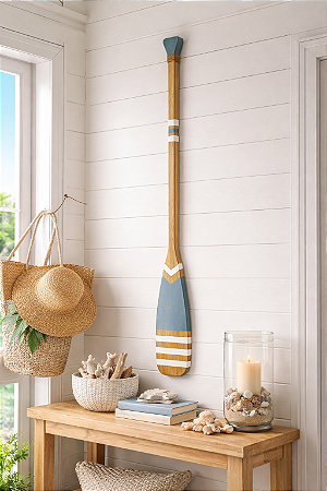 Remo Decorativo Azul Pastel com listras 130 cm Decoração de Parede em madeira para Casa de Praia e Náutica