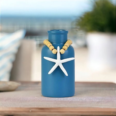 Vaso Decorativo Garrafa Azul Marinho com Colar de Estrela Decoração Náutica Praia