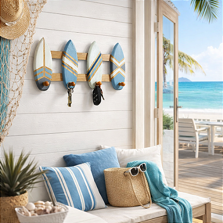 Porta Chaves e Cabideiro Prancha Azul 40 cm Decoração de Praia em madeira