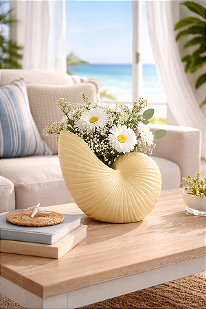 Vaso Decorativo Concha Bege em Cerâmica