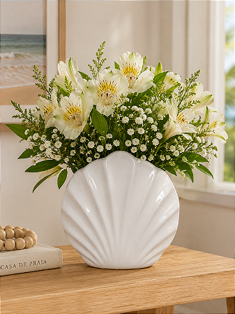 Vaso Decorativo Concha Modern Branco em Cerâmica