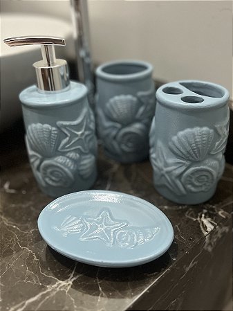 Kit de Banheiro de Cerâmica 4 Peças Conchas Azul Porta Sabonete Líquido /Saboneteira/Porta Escova/Porta algodão