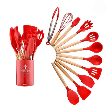 Jogo de Cozinha Vermelho Kit C/12 Peças de Silicone, Utensílios e Copo Suporte para Cozinha Cabo de Madeira