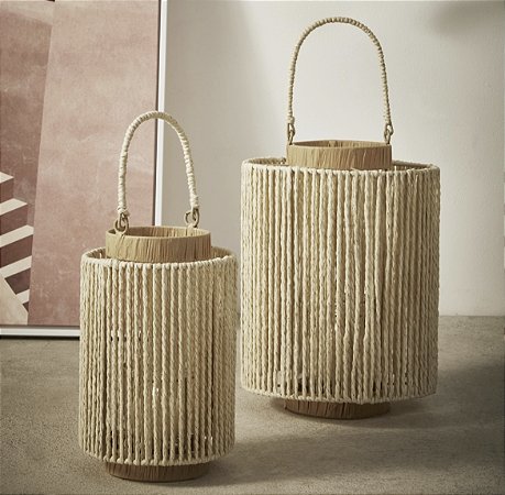 Lanterna em Fibra Natural com Suporte em Vidro para Velas