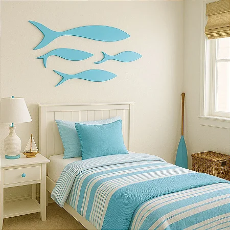 Kit 4 Peixes Azul Pastel de Parede Decoração em Madeira