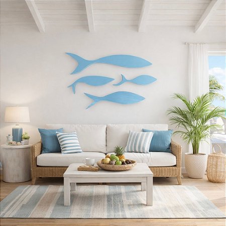 Kit 4 Peixes Azul Pastel de Parede Decoração em Madeira