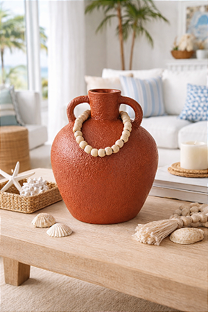 Vaso Decorativo Terracota com Colar de Madeira Grande