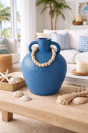 Vaso Decorativo Azul com Colar de Madeira Grande