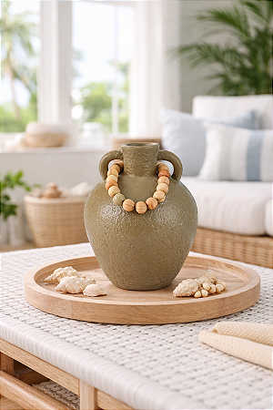 Vaso Decorativo Marrom com Colar de Madeira Médio