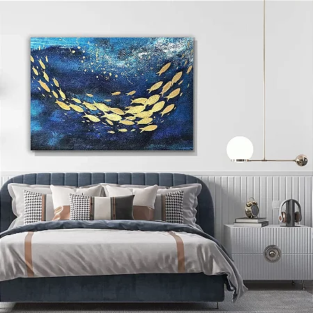 Quadro Tela Decorativa Grande Cardume Peixes Gold - 60cm x 90cm