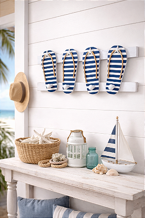 Porta Chaves Cabideiro Chinelinho Azul Marinho 40 cm Decoração de Praia em madeira