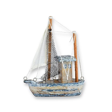 Enfeite Barco Pátina Azul 25 cm Decoração Náutica de Mesa
