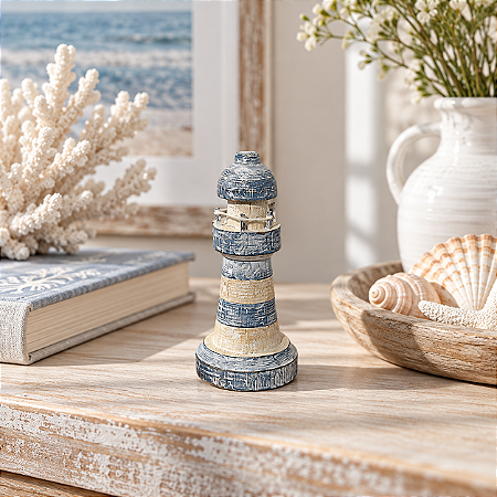 Enfeite Farol Azul Pátina 12 cm Decoração Náutica de Mesa