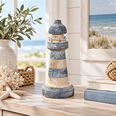 Enfeite Farol Azul Pátina 20 cm Decoração Náutica de Mesa