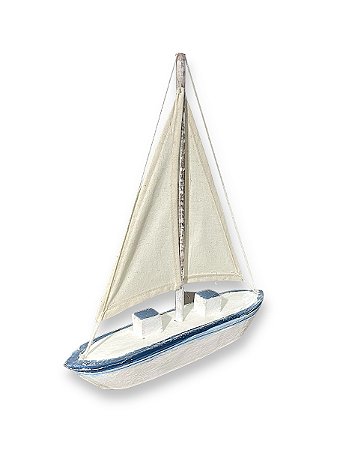 Enfeite Veleiro Pátina Azul e Branco 35 cm Decoração Náutica de Mesa