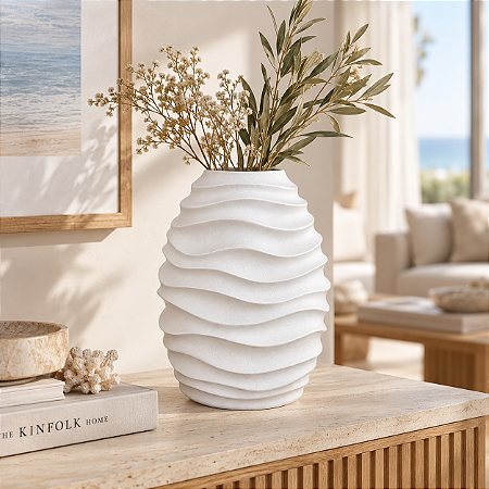 Vaso Ondas Decorativo Branco Grande em Cerâmica