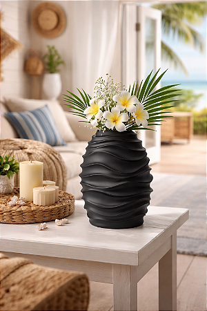 Vaso Ondas Decorativo Preto Grande em Cerâmica