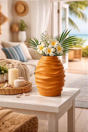 Vaso Ondas Decorativo Ocre Grande em Cerâmica