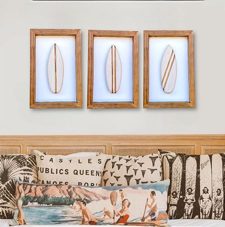 Kit 3 Quadros Prancha Branca Decoração Náutica Praia Surf
