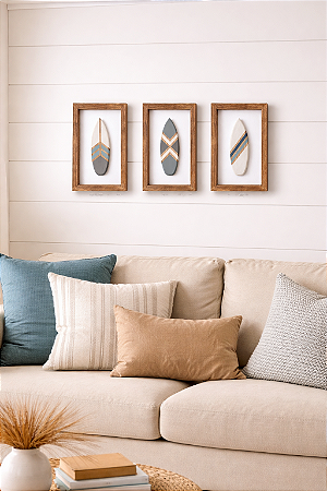 Kit 3 Quadros Prancha Azul Decoração Náutica de Parede