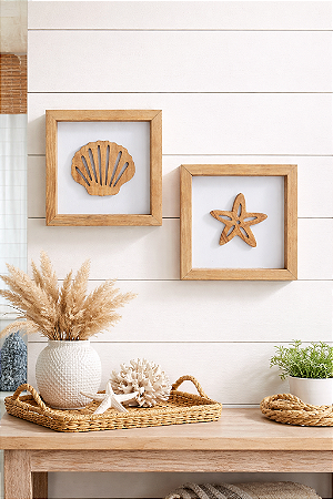 Kit 2 Quadros Concha e Estrela Decoração Náutica de Parede