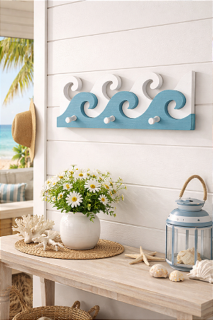 Porta Chaves e Cabideiro Ondas Azul 40 cm Decoração de Praia em madeira