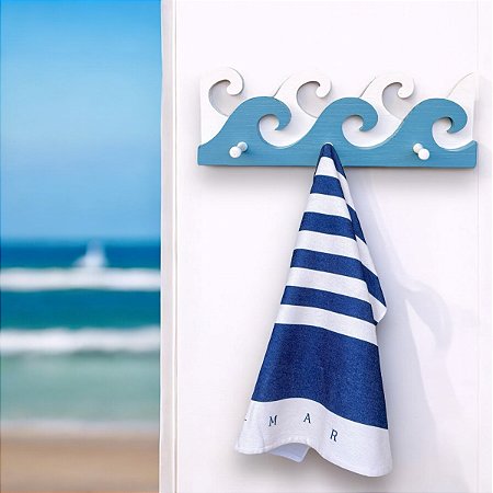 Porta Chaves e Cabideiro Ondas Azul 40 cm Decoração de Praia em madeira