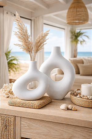 Vaso Boho Vazado Decorativo Branco Médio em Cerâmica